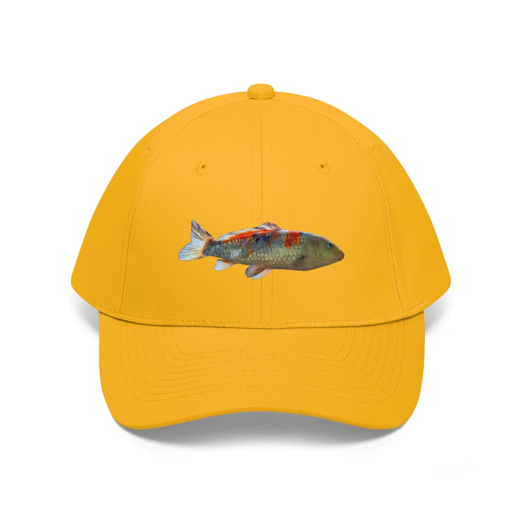 Koi Fish Unisex Twill Hat featuring a stylish koi fish design, made from durable 100% cotton twill with an adjustable Velcro closure.