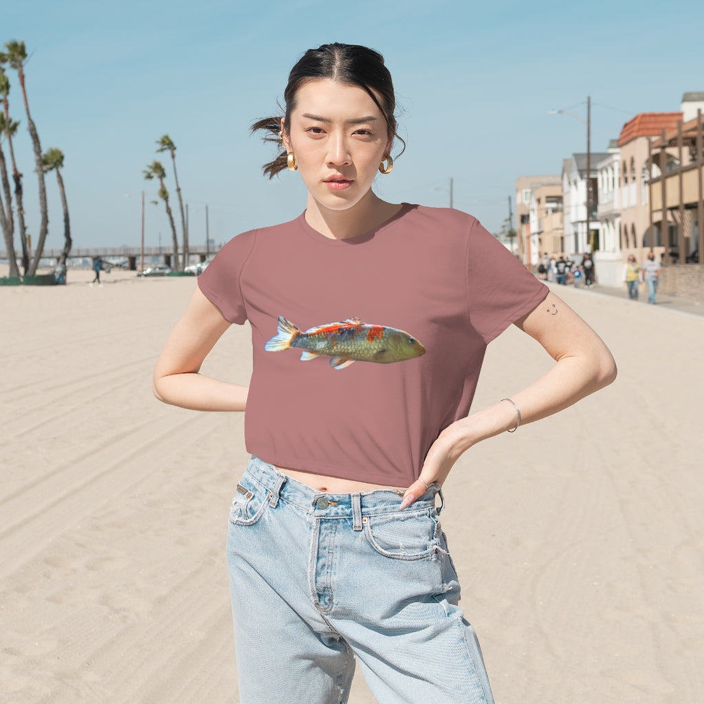 Koi Fish Women's Flowy Cropped Tee featuring a soft, lightweight fabric with a stylish cropped design and tailored sleeves.