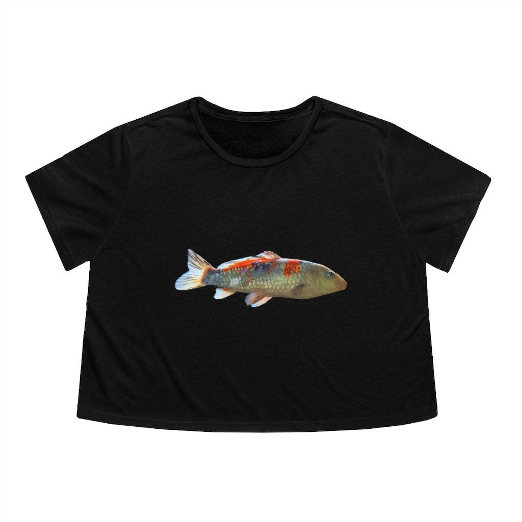 Koi Fish Women's Flowy Cropped Tee featuring a soft, lightweight fabric with a stylish cropped design and tailored sleeves.