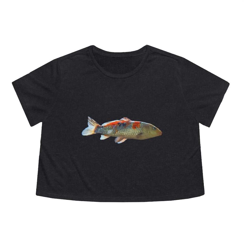 Koi Fish Women's Flowy Cropped Tee featuring a soft, lightweight fabric with a stylish cropped design and tailored sleeves.