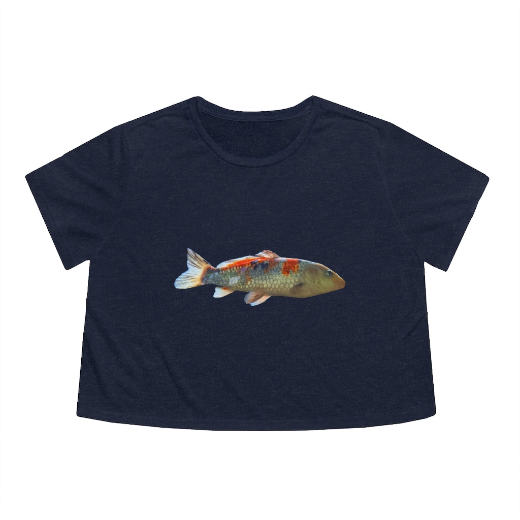 Koi Fish Women's Flowy Cropped Tee featuring a soft, lightweight fabric with a stylish cropped design and tailored sleeves.