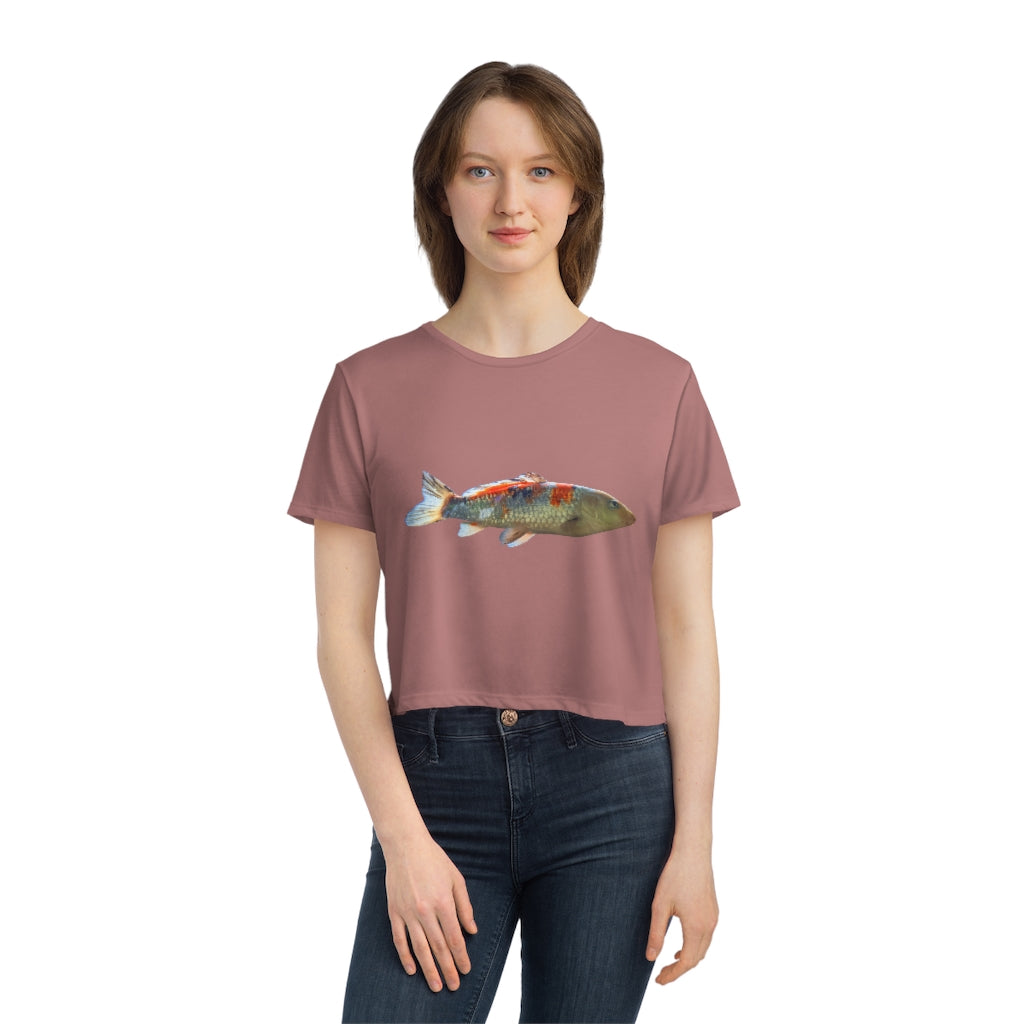 Koi Fish Women's Flowy Cropped Tee featuring a soft, lightweight fabric with a stylish cropped design and tailored sleeves.