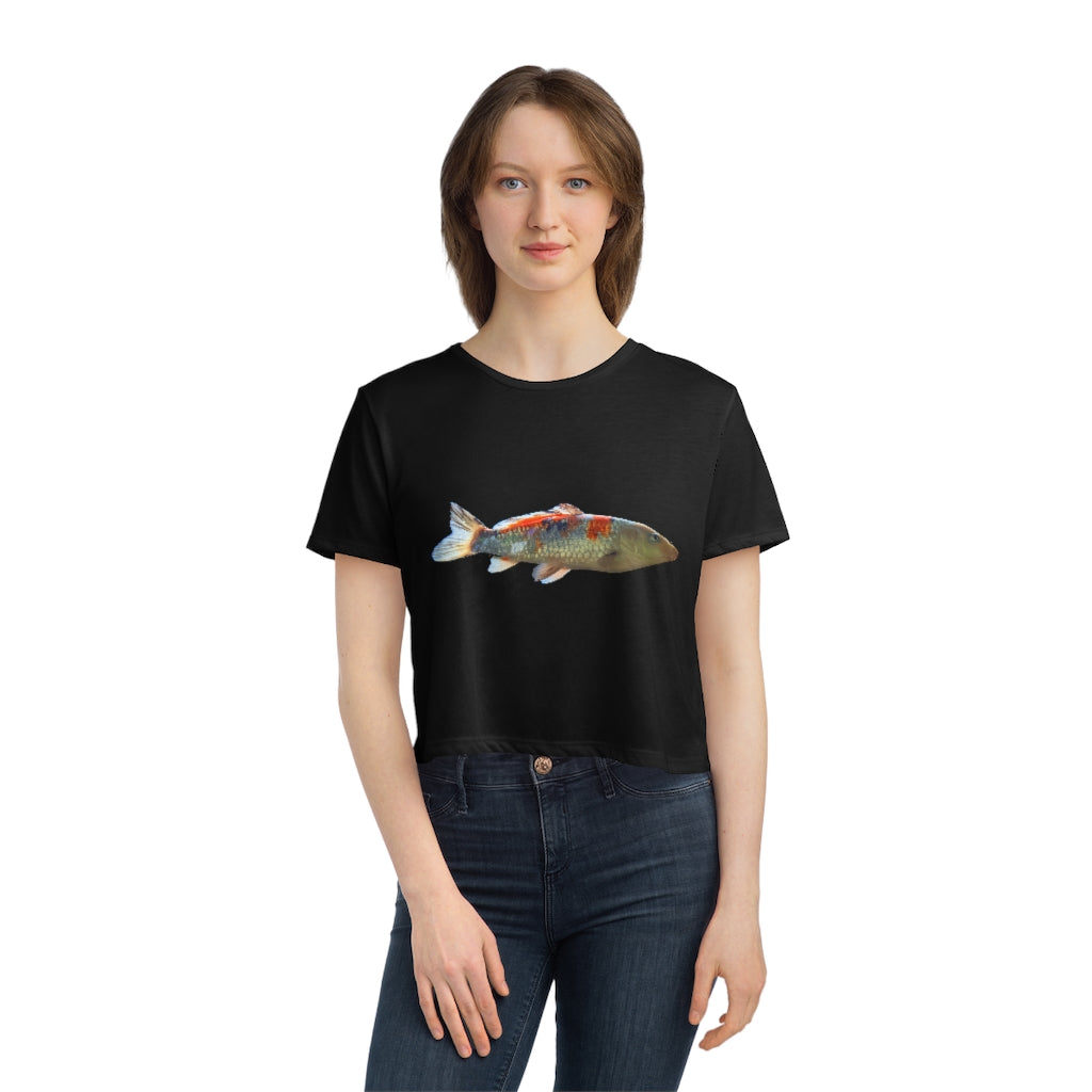 Koi Fish Women's Flowy Cropped Tee featuring a soft, lightweight fabric with a stylish cropped design and tailored sleeves.