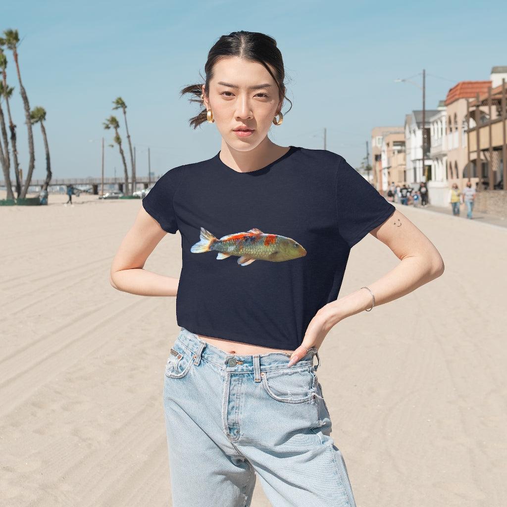 Koi Fish Women's Flowy Cropped Tee featuring a soft, lightweight fabric with a stylish cropped design and tailored sleeves.
