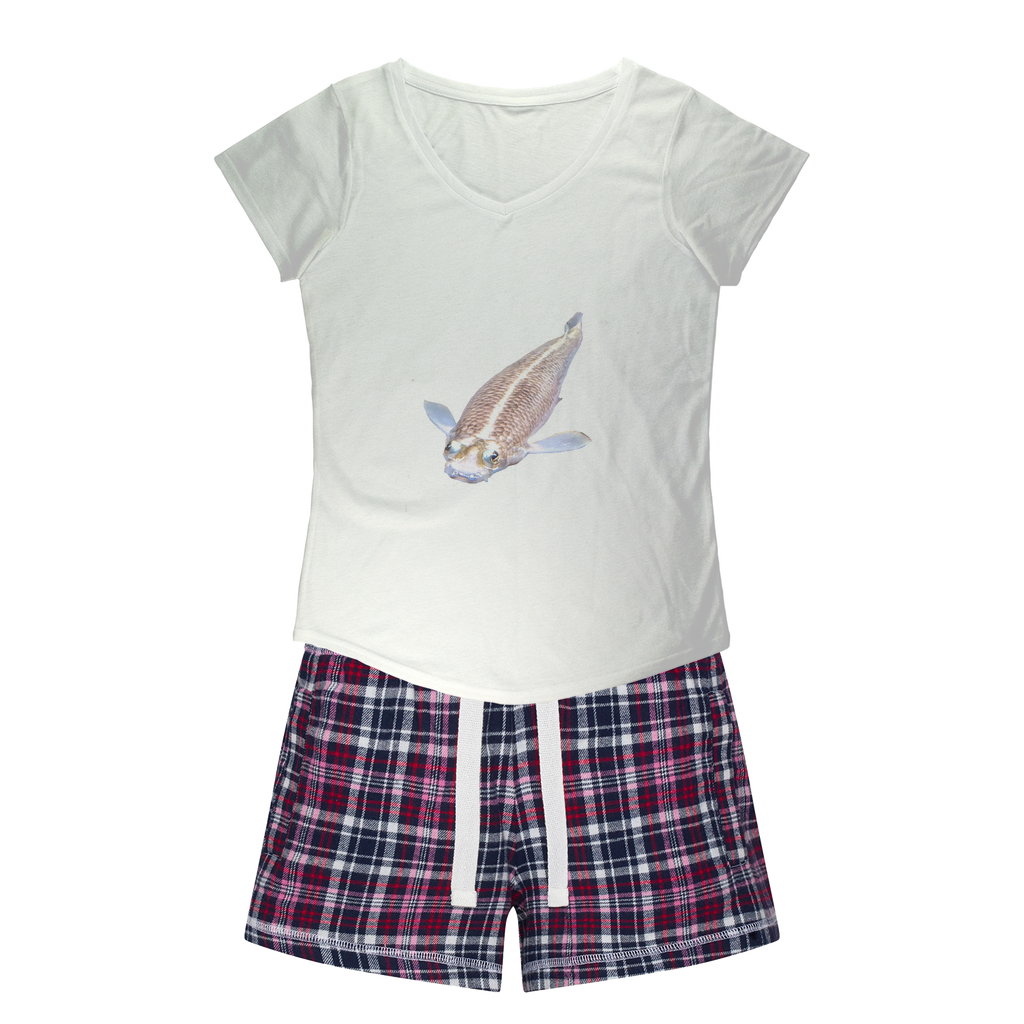 Koi Fish Women's Sleepy Tee and Flannel Short set featuring a relaxed fit T-shirt and vibrant flannel shorts, perfect for cozy nights.