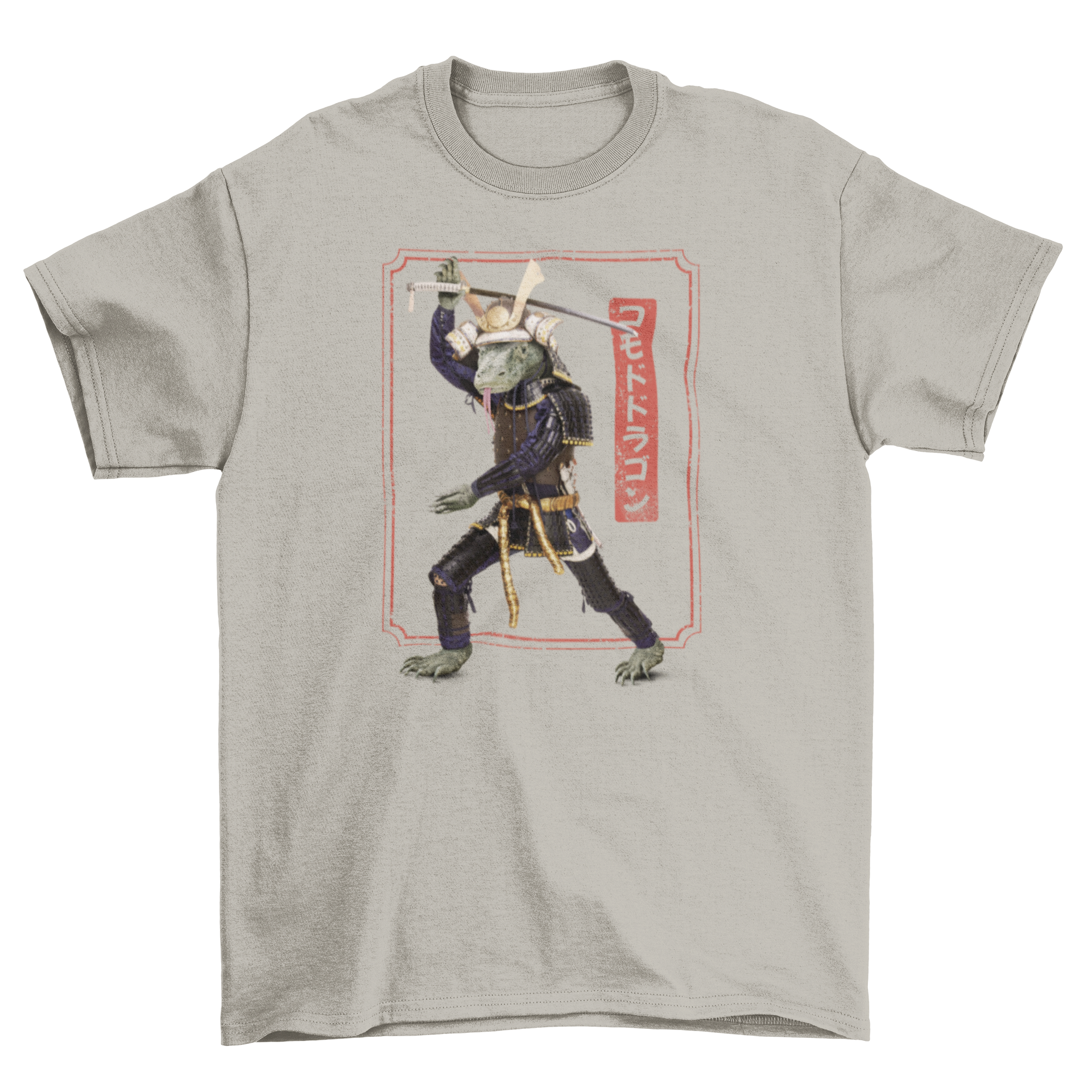 A stylish t-shirt featuring a Komodo dragon performing martial arts with a samurai sword, showcasing a unique and dynamic design.