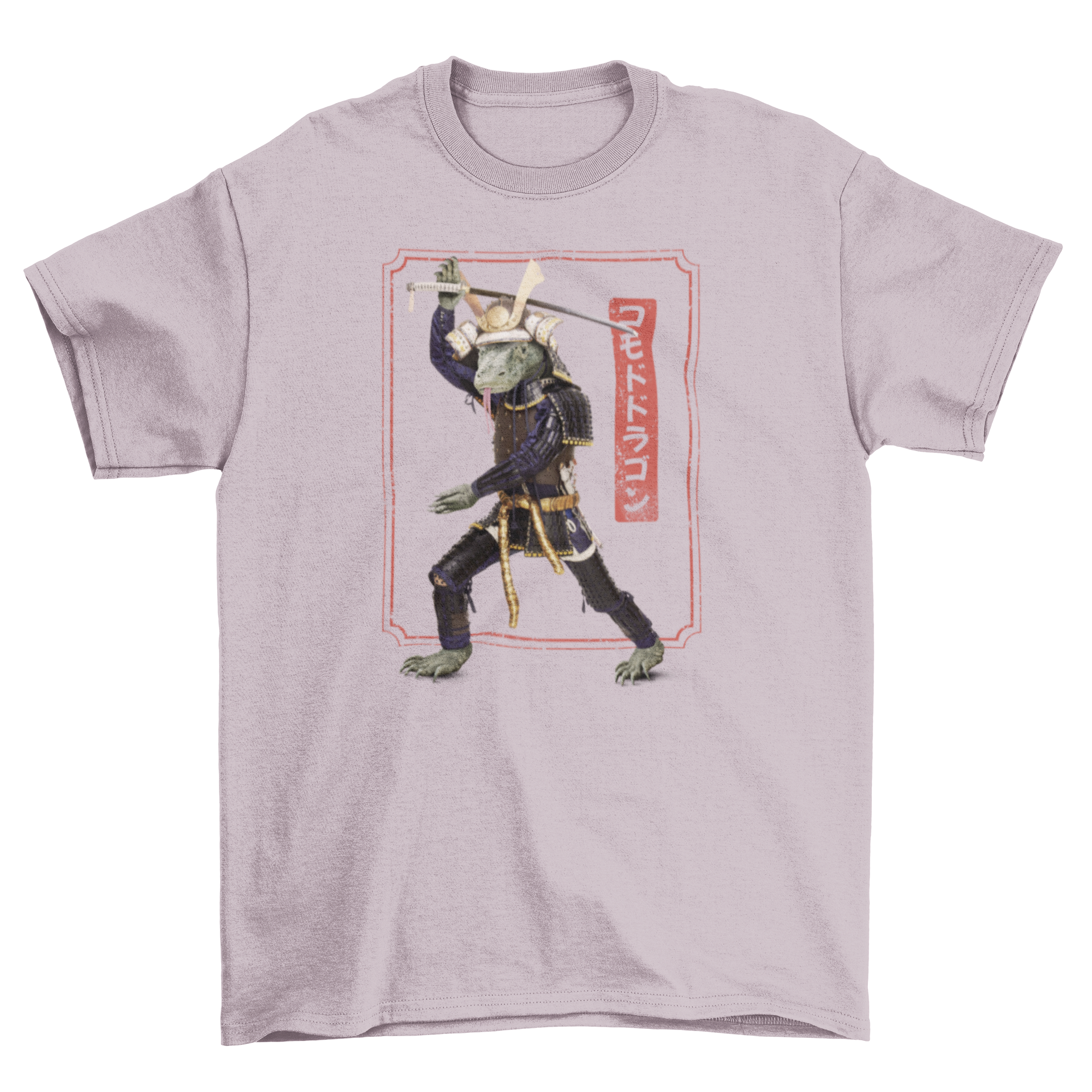 A stylish t-shirt featuring a Komodo dragon performing martial arts with a samurai sword, showcasing a unique and dynamic design.