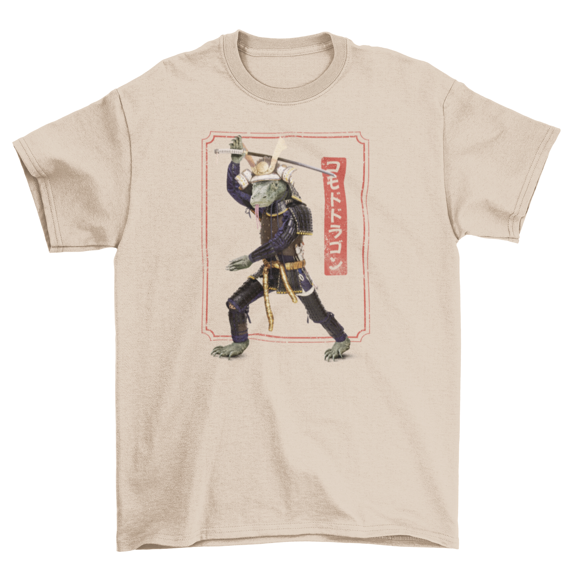 A stylish t-shirt featuring a Komodo dragon performing martial arts with a samurai sword, showcasing a unique and dynamic design.