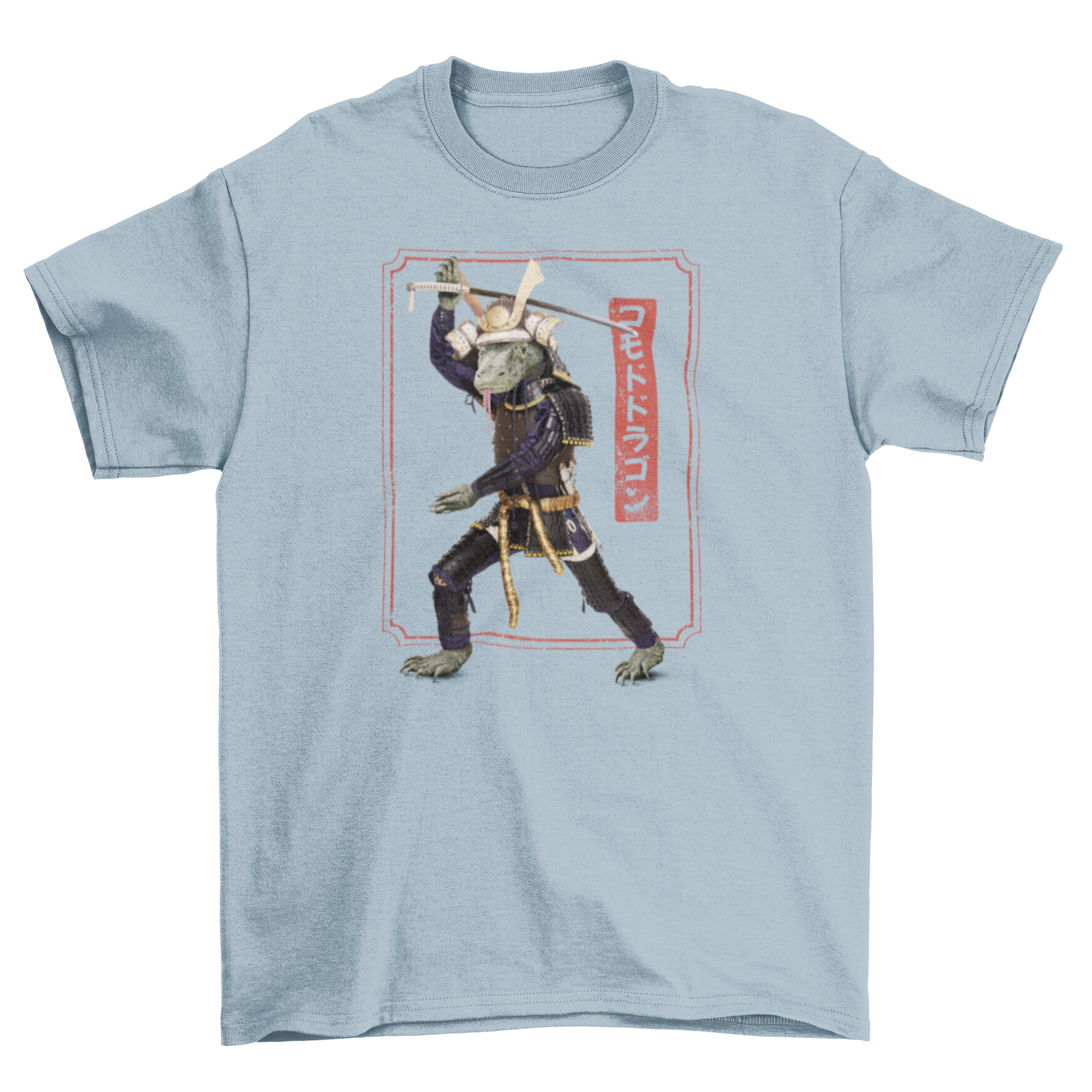 A stylish t-shirt featuring a Komodo dragon performing martial arts with a samurai sword, showcasing a unique and dynamic design.