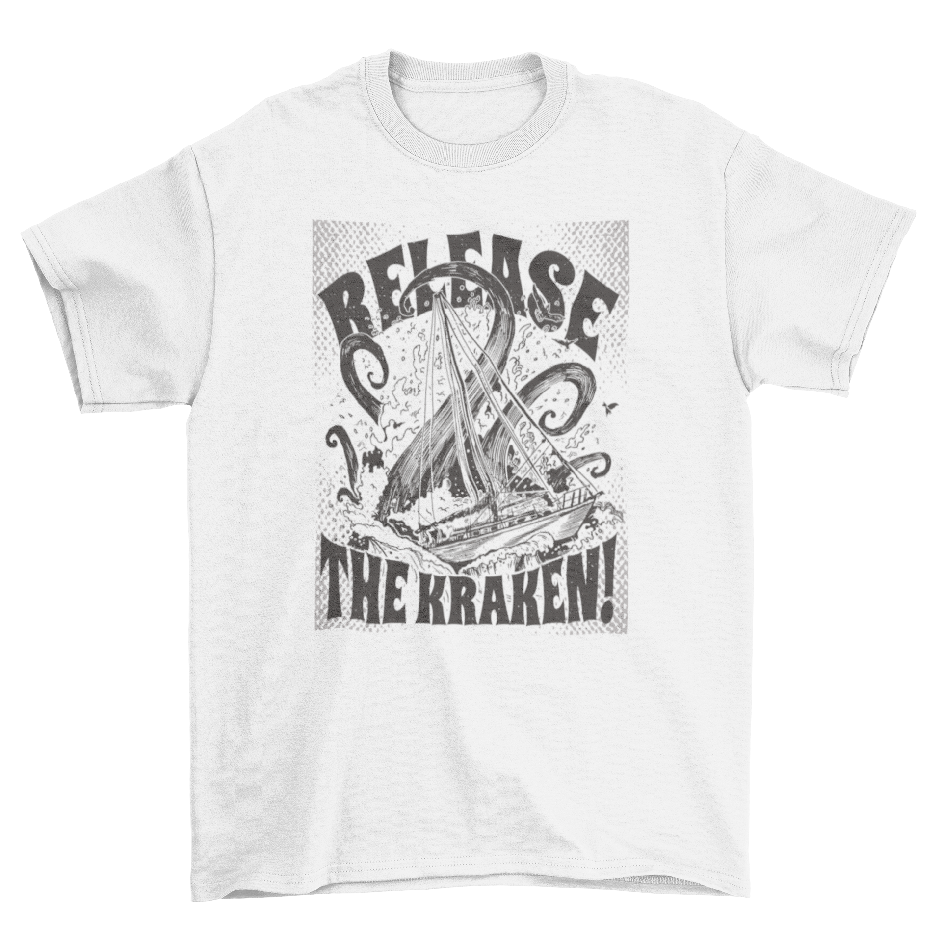 Kraken sea mythological monster t-shirt featuring a fierce sea monster attacking a ship with the quote 'Release the Kraken'.