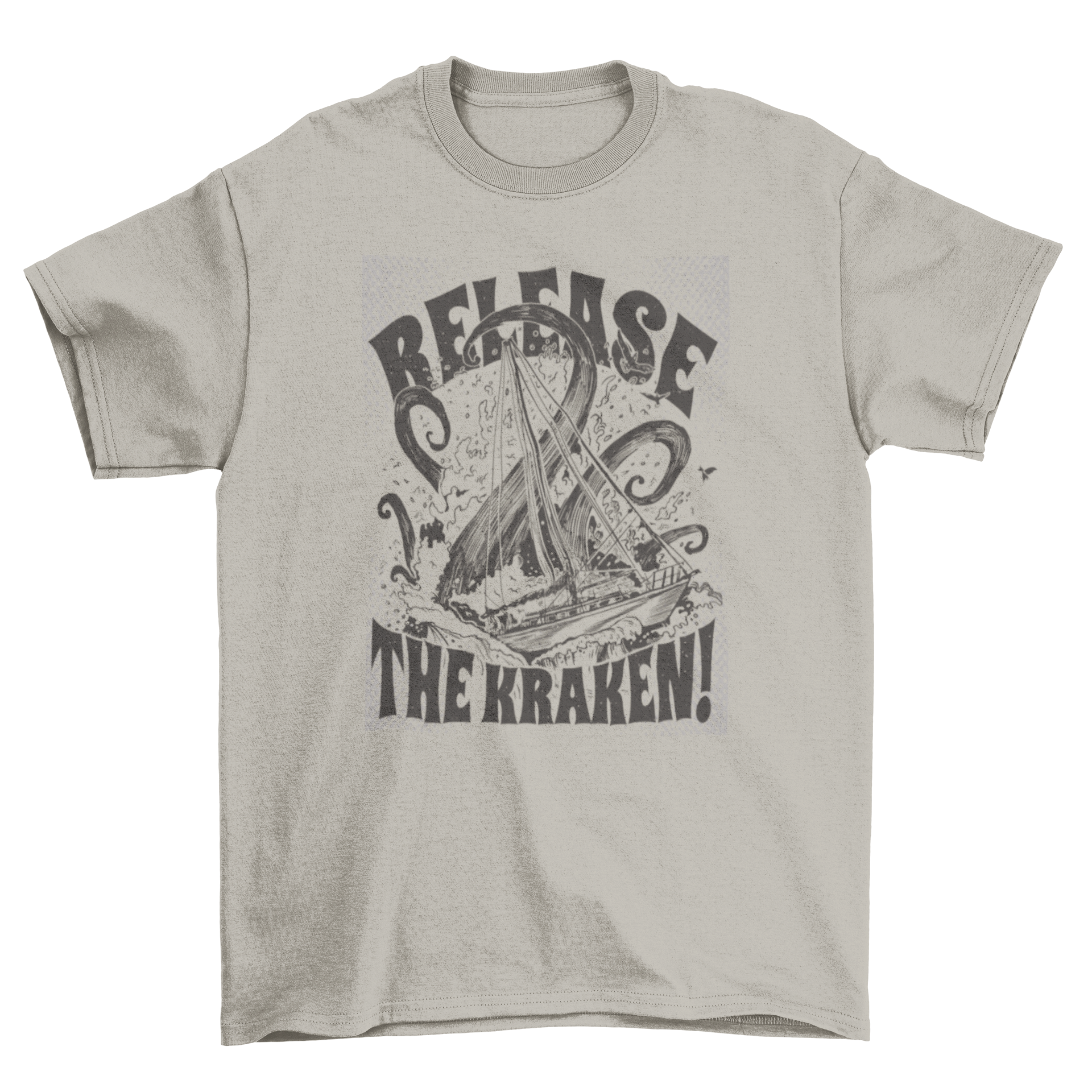 Kraken sea mythological monster t-shirt featuring a fierce sea monster attacking a ship with the quote 'Release the Kraken'.