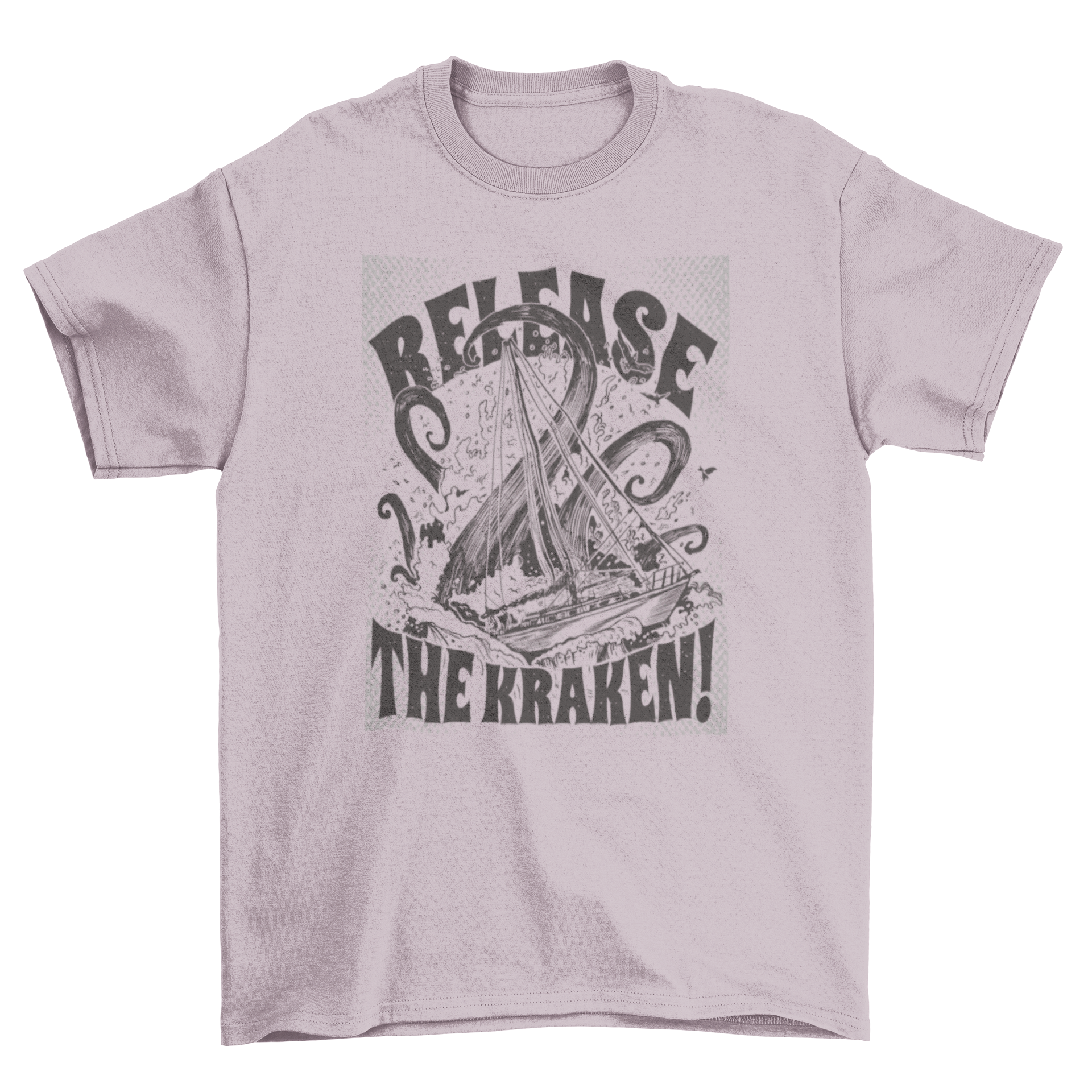 Kraken sea mythological monster t-shirt featuring a fierce sea monster attacking a ship with the quote 'Release the Kraken'.