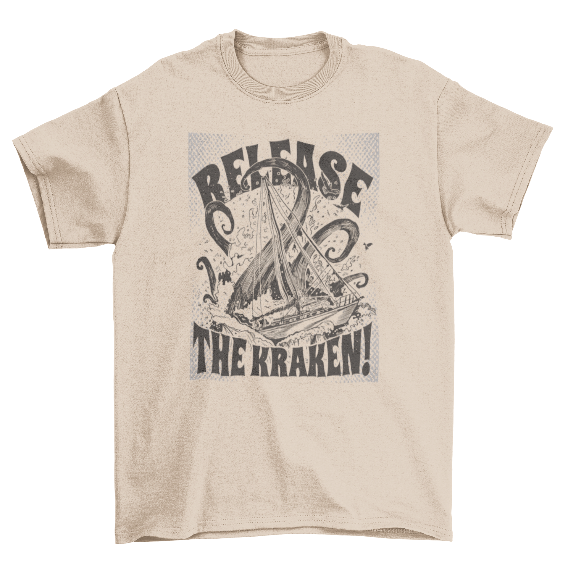 Kraken sea mythological monster t-shirt featuring a fierce sea monster attacking a ship with the quote 'Release the Kraken'.