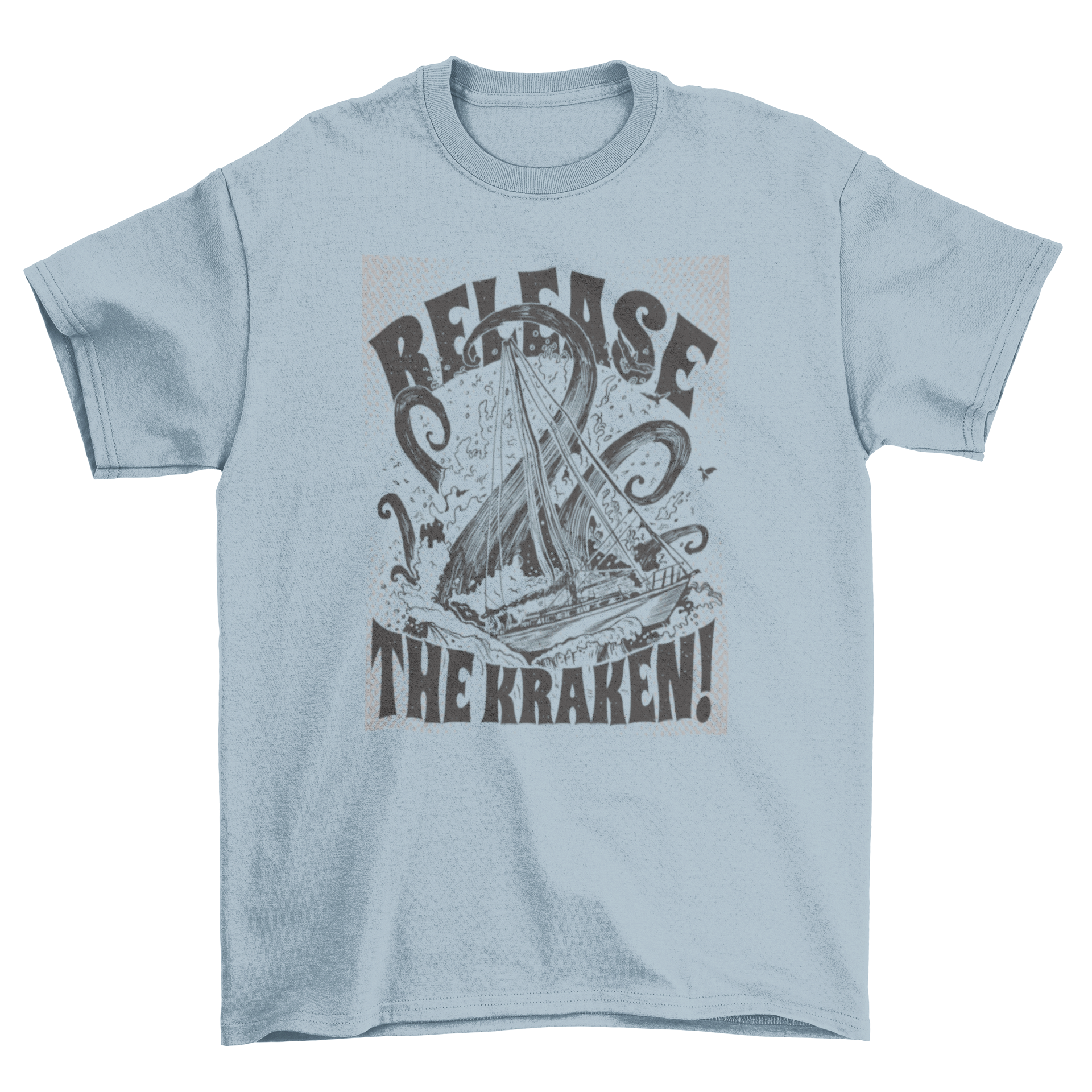 Kraken sea mythological monster t-shirt featuring a fierce sea monster attacking a ship with the quote 'Release the Kraken'.
