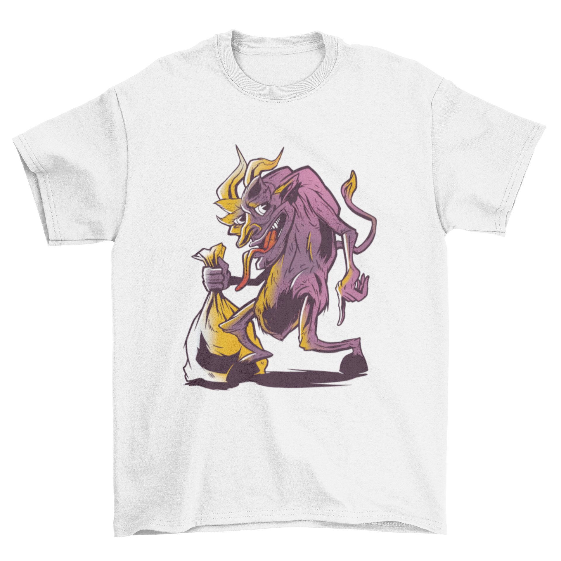 Creepy Krampus anti Christmas t-shirt design featuring Krampus holding a bag, perfect for holiday gatherings.