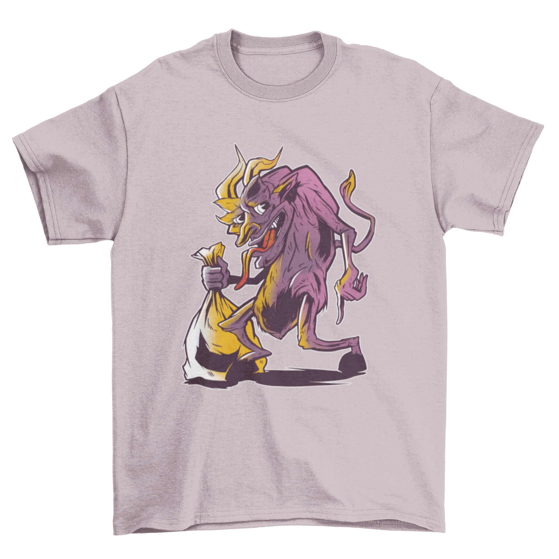 Creepy Krampus anti Christmas t-shirt design featuring Krampus holding a bag, perfect for holiday gatherings.