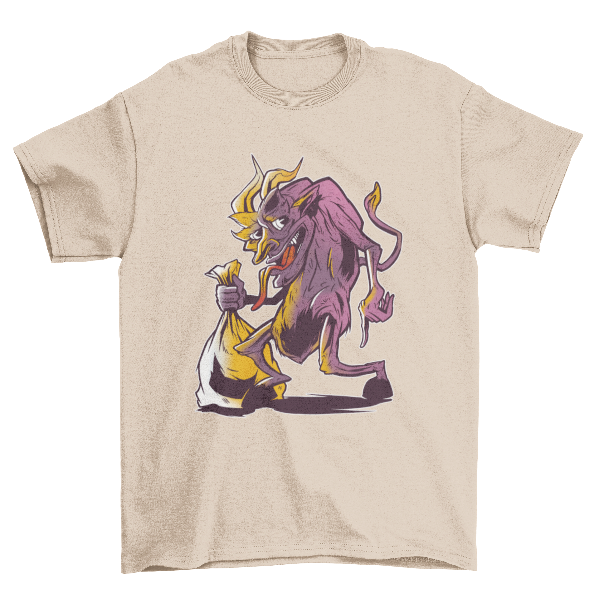 Creepy Krampus anti Christmas t-shirt design featuring Krampus holding a bag, perfect for holiday gatherings.