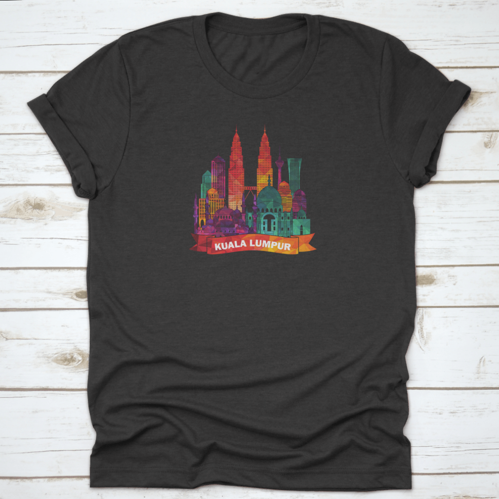 Kuala Lumpur skyline silhouette shirt featuring iconic mosques and modern buildings, made from soft cotton fabric.