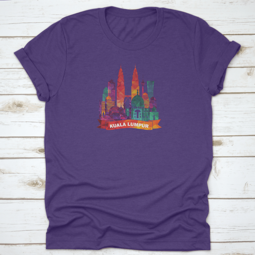 Kuala Lumpur skyline silhouette shirt featuring iconic mosques and modern buildings, made from soft cotton fabric.
