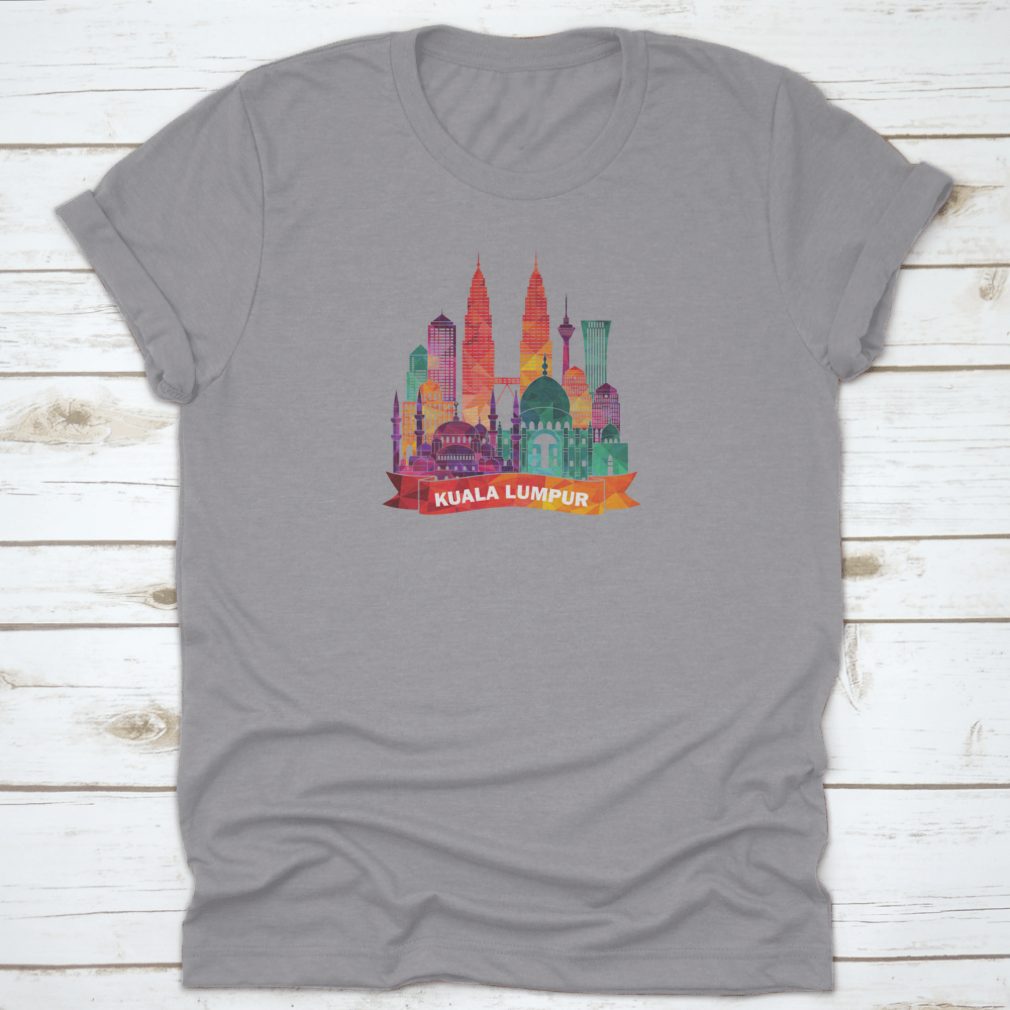 Kuala Lumpur skyline silhouette shirt featuring iconic mosques and modern buildings, made from soft cotton fabric.