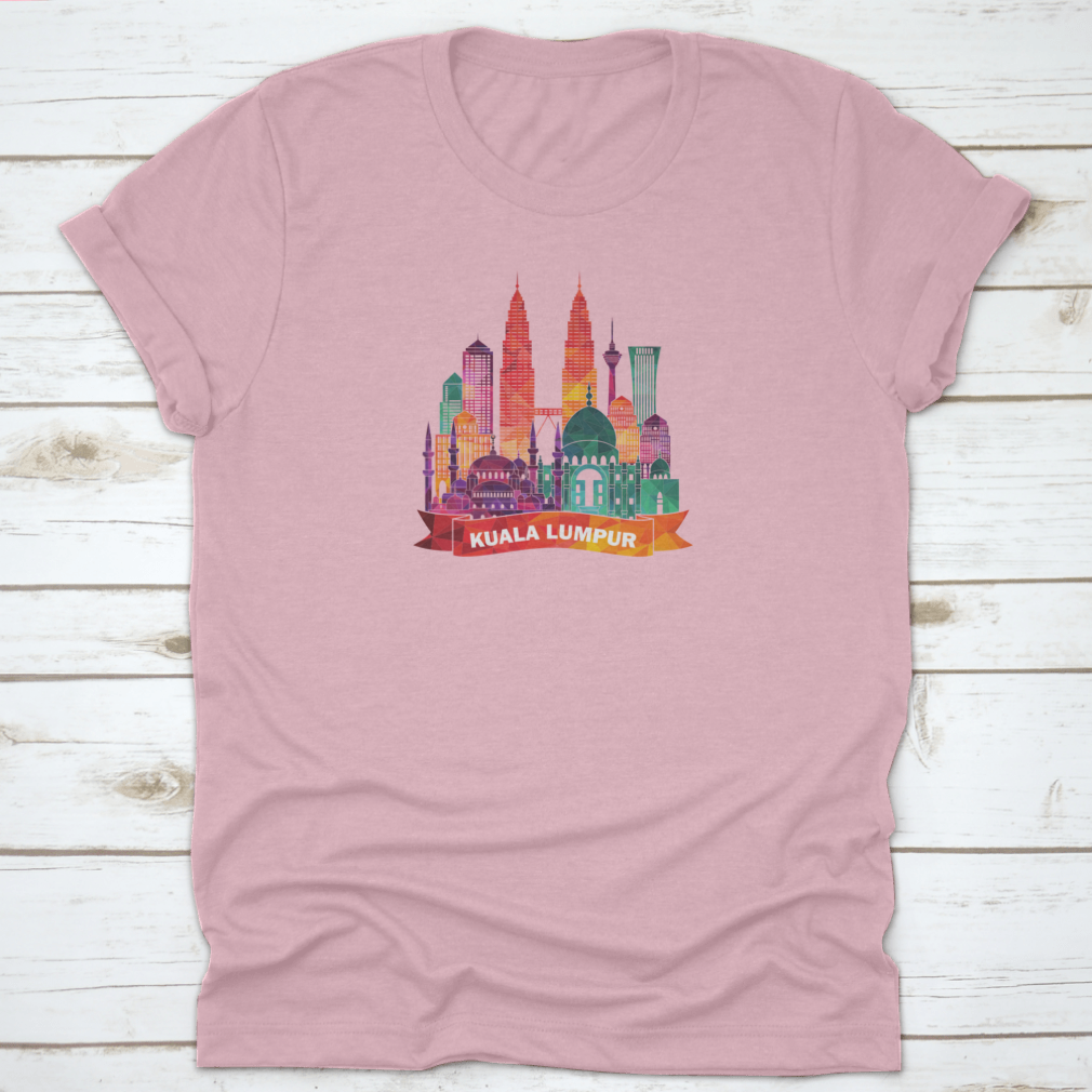 Kuala Lumpur skyline silhouette shirt featuring iconic mosques and modern buildings, made from soft cotton fabric.