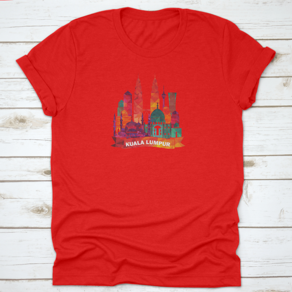Kuala Lumpur skyline silhouette shirt featuring iconic mosques and modern buildings, made from soft cotton fabric.