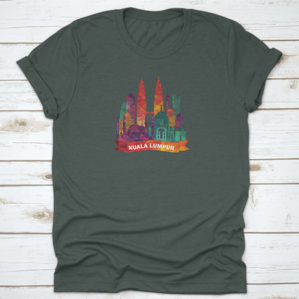 Kuala Lumpur skyline silhouette shirt featuring iconic mosques and modern buildings, made from soft cotton fabric.