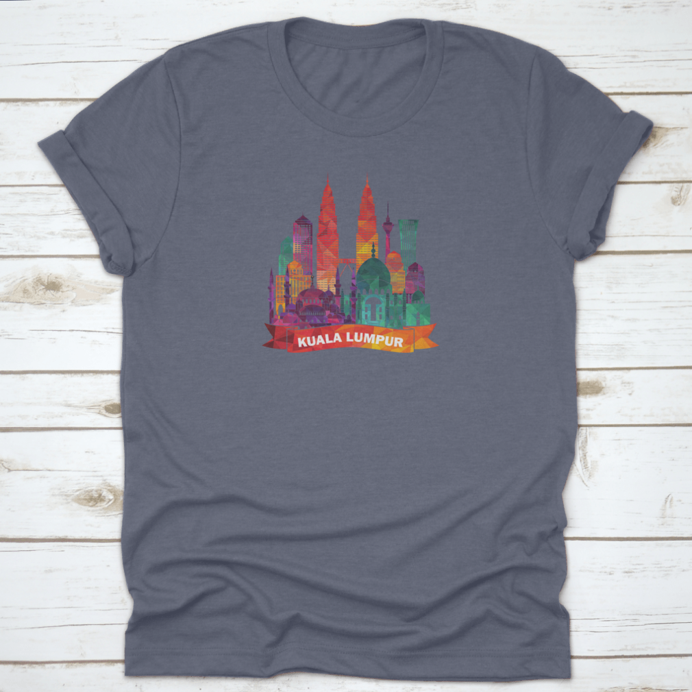Kuala Lumpur skyline silhouette shirt featuring iconic mosques and modern buildings, made from soft cotton fabric.