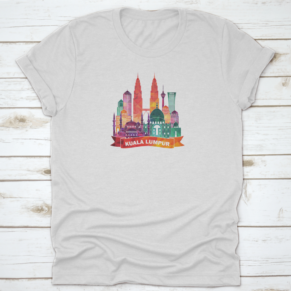 Kuala Lumpur skyline silhouette shirt featuring iconic mosques and modern buildings, made from soft cotton fabric.