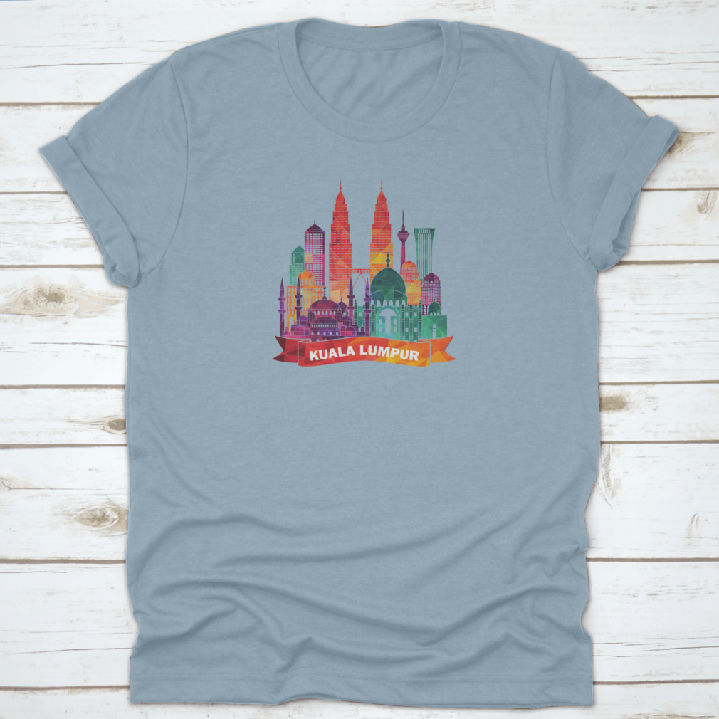 Kuala Lumpur skyline silhouette shirt featuring iconic mosques and modern buildings, made from soft cotton fabric.