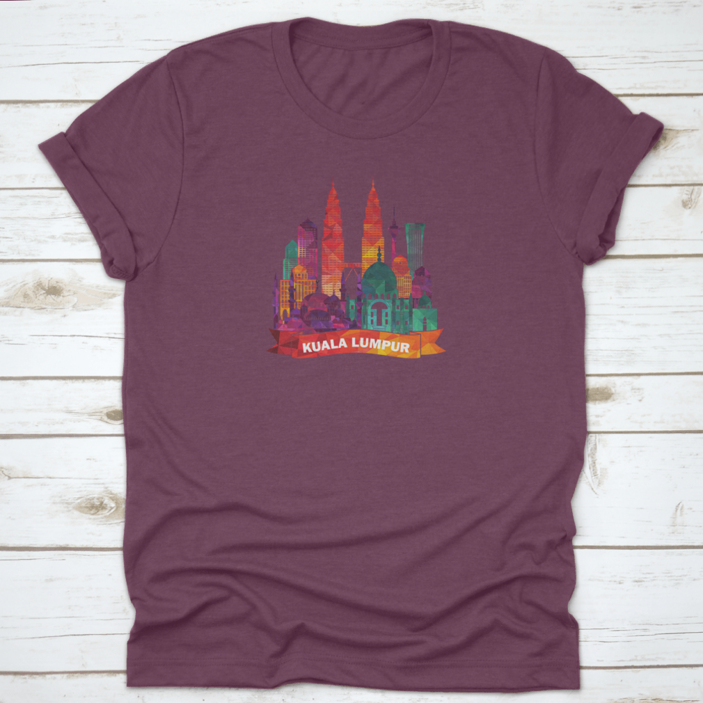 Kuala Lumpur skyline silhouette shirt featuring iconic mosques and modern buildings, made from soft cotton fabric.