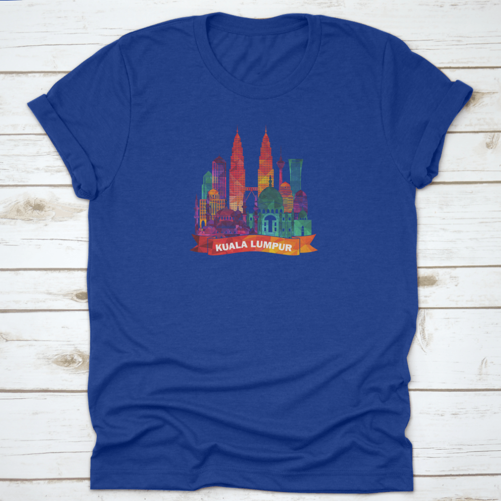 Kuala Lumpur skyline silhouette shirt featuring iconic mosques and modern buildings, made from soft cotton fabric.