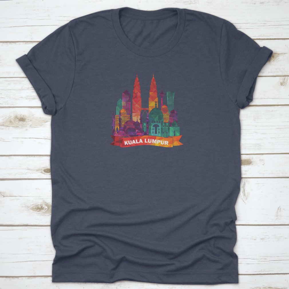 Kuala Lumpur skyline silhouette shirt featuring iconic mosques and modern buildings, made from soft cotton fabric.