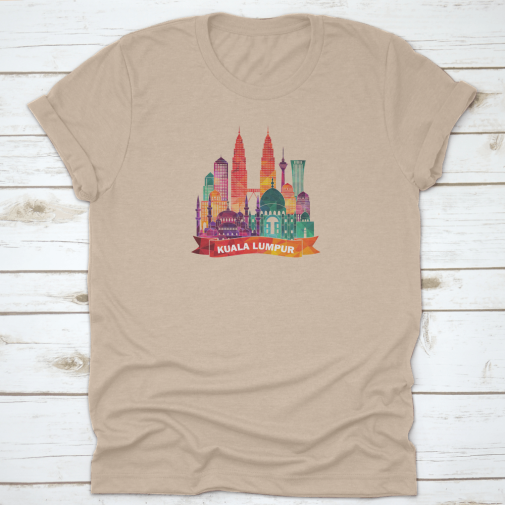 Kuala Lumpur skyline silhouette shirt featuring iconic mosques and modern buildings, made from soft cotton fabric.