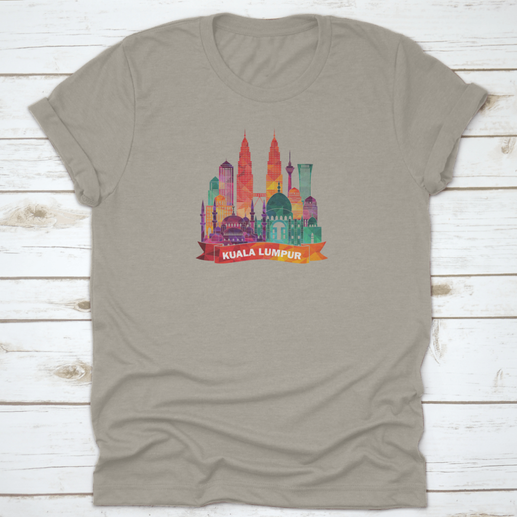Kuala Lumpur skyline silhouette shirt featuring iconic mosques and modern buildings, made from soft cotton fabric.