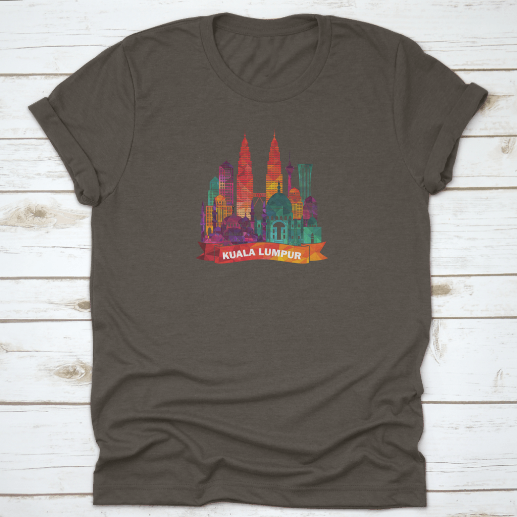 Kuala Lumpur skyline silhouette shirt featuring iconic mosques and modern buildings, made from soft cotton fabric.