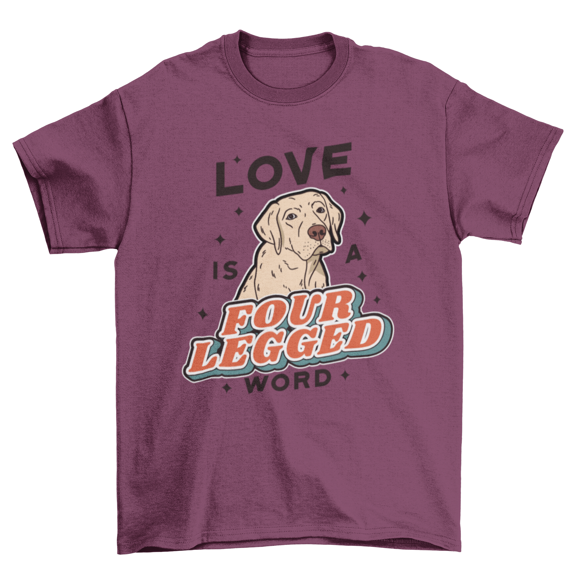 Funny t-shirt featuring a cute Labrador dog and the quote 'Love is a four legged word'.