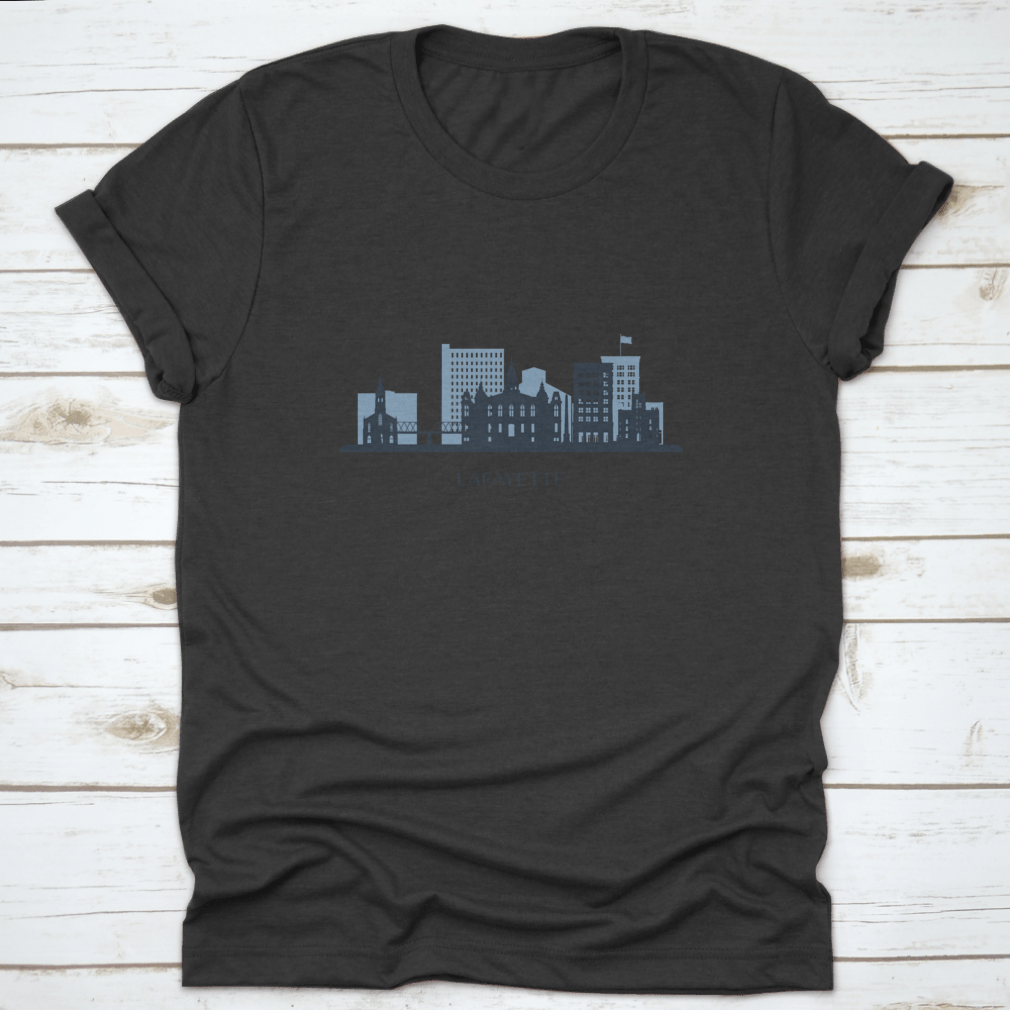 A stylish monochrome silhouette of the Lafayette skyline printed on a comfortable cotton t-shirt.
