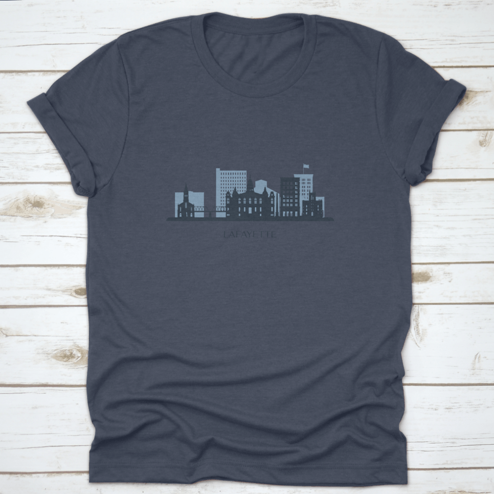 A stylish monochrome silhouette of the Lafayette skyline printed on a comfortable cotton t-shirt.