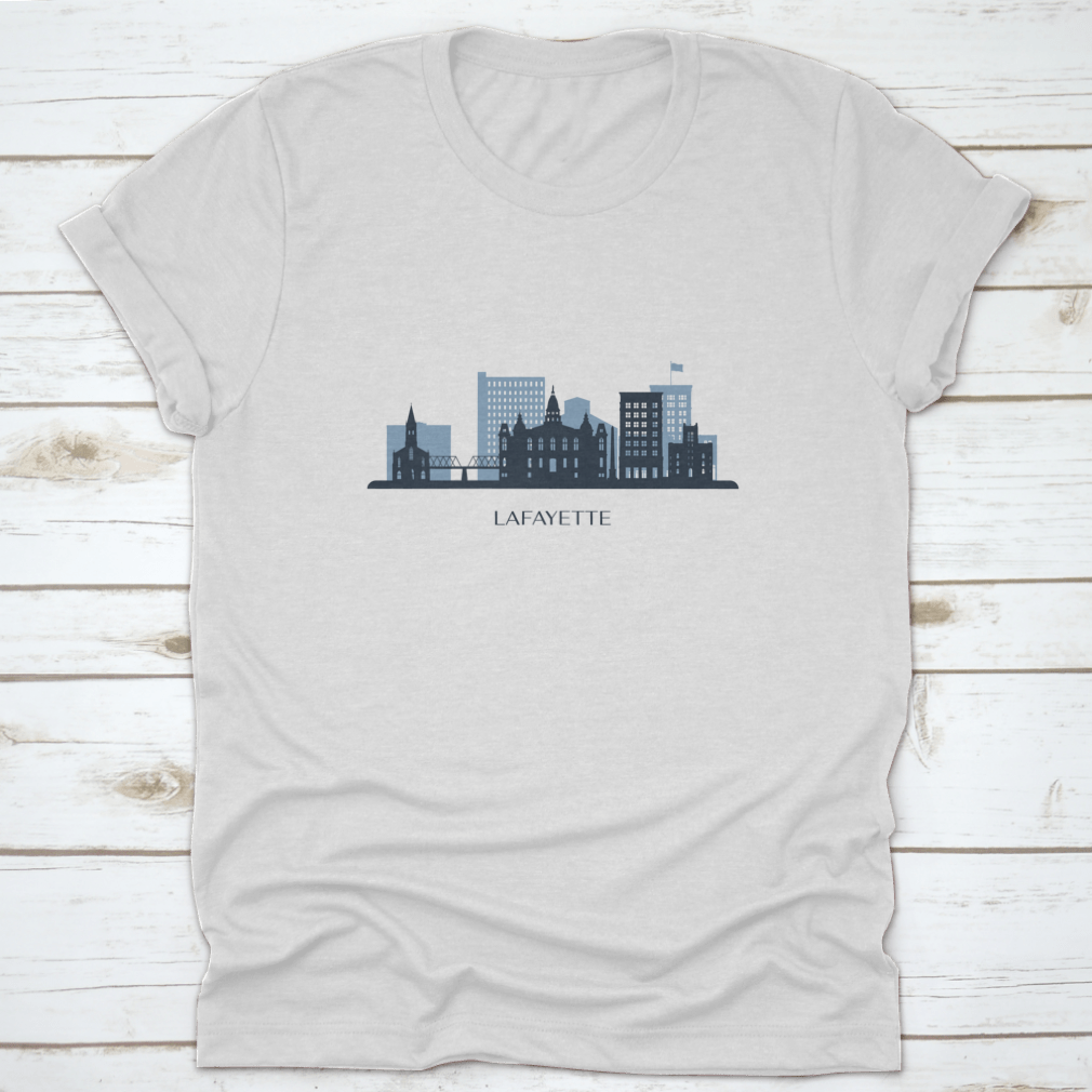 A stylish monochrome silhouette of the Lafayette skyline printed on a comfortable cotton t-shirt.