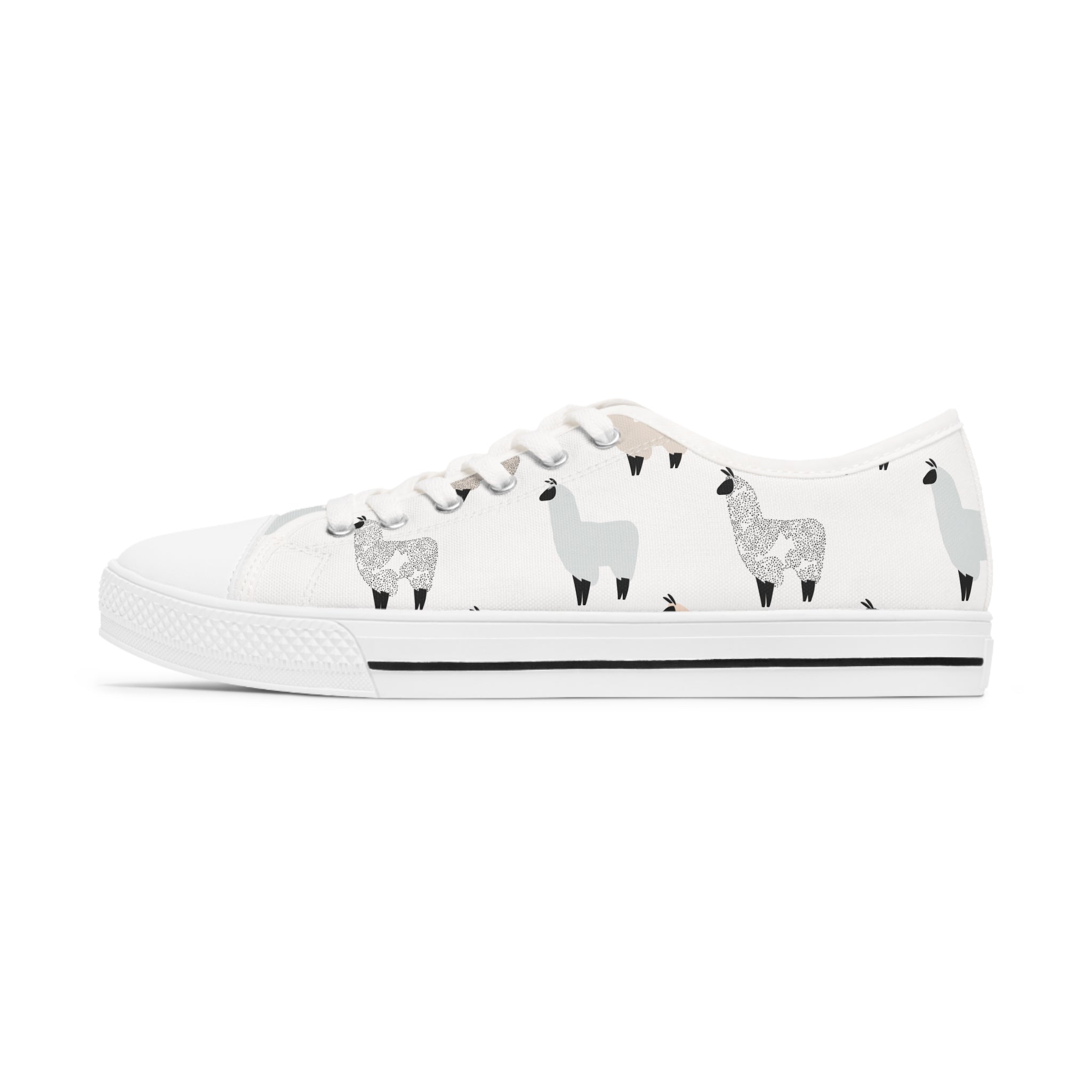 LLama Women's Low Top Sneakers in black and white options, showcasing breathable canvas and stylish design with silver metal eyelets.