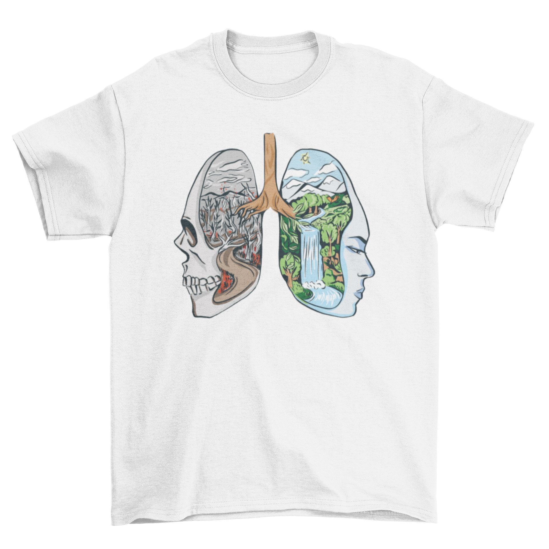 Landscape Lungs T-shirt featuring a striking illustration of contrasting lungs, one a wasteland and the other fertile and green.