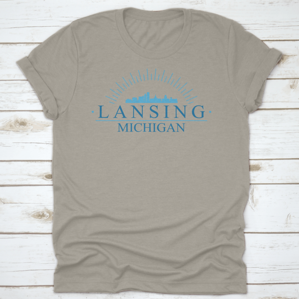 Lansing Michigan City Skyline Silhouette Vector Design on a comfortable cotton fabric, showcasing the city's iconic skyline.