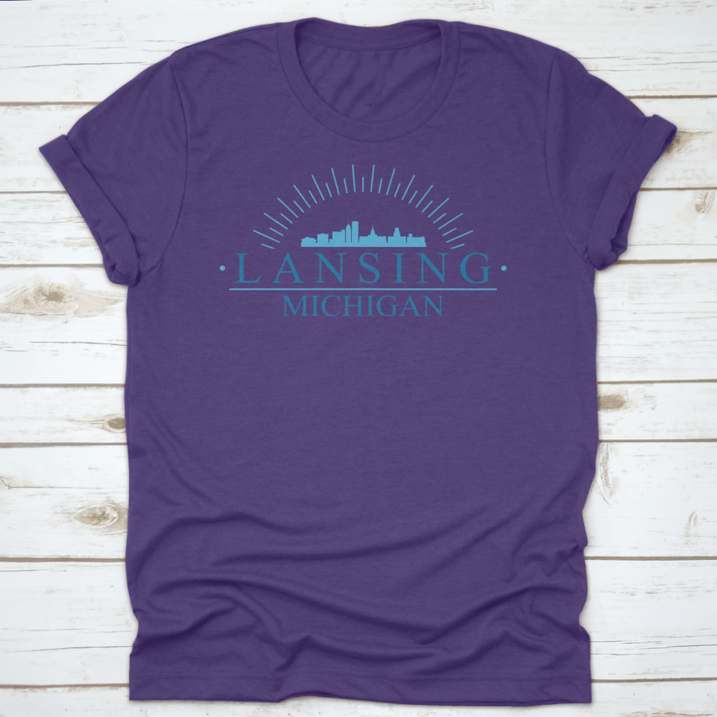 Lansing Michigan City Skyline Silhouette Vector Design on a comfortable cotton fabric, showcasing the city's iconic skyline.