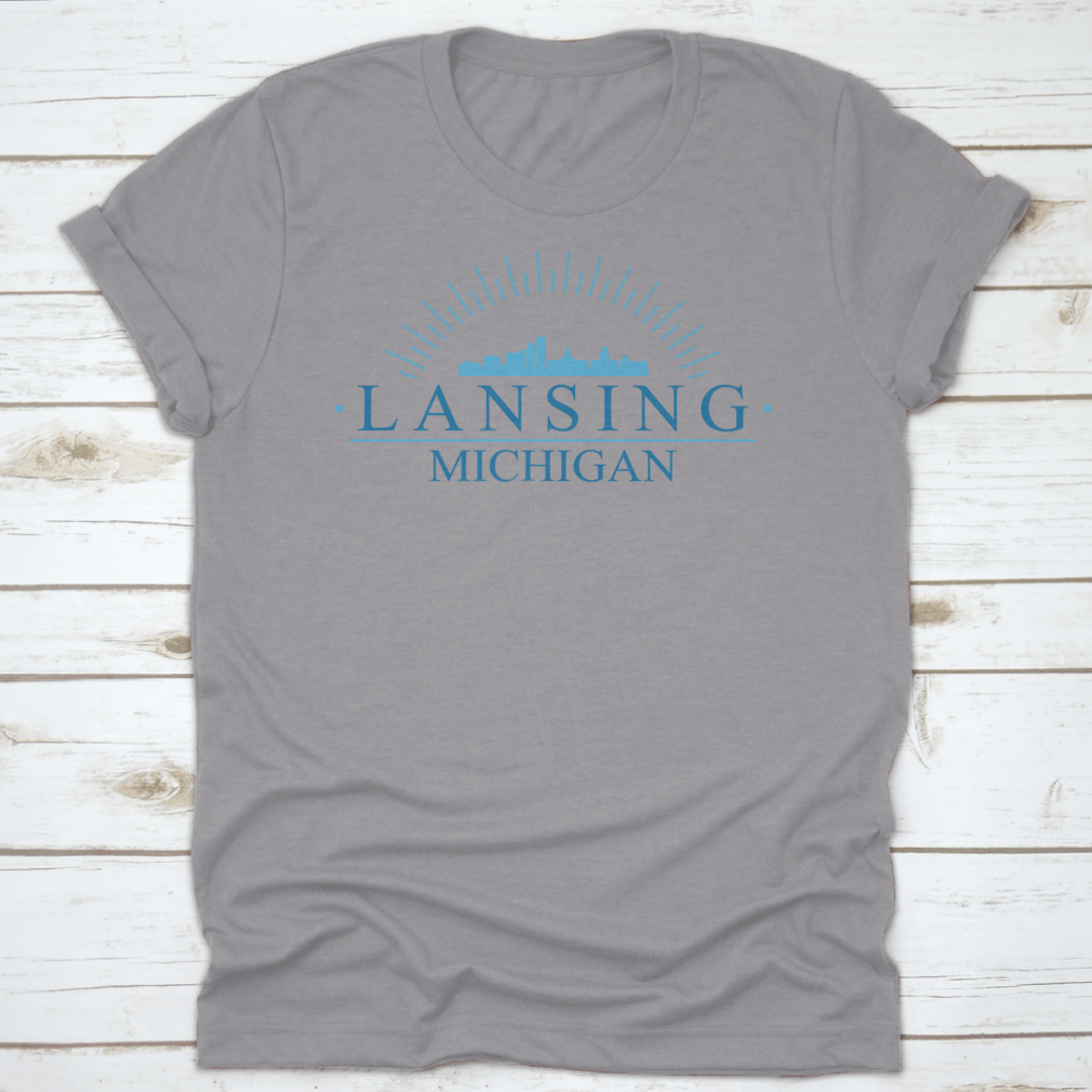Lansing Michigan City Skyline Silhouette Vector Design on a comfortable cotton fabric, showcasing the city's iconic skyline.