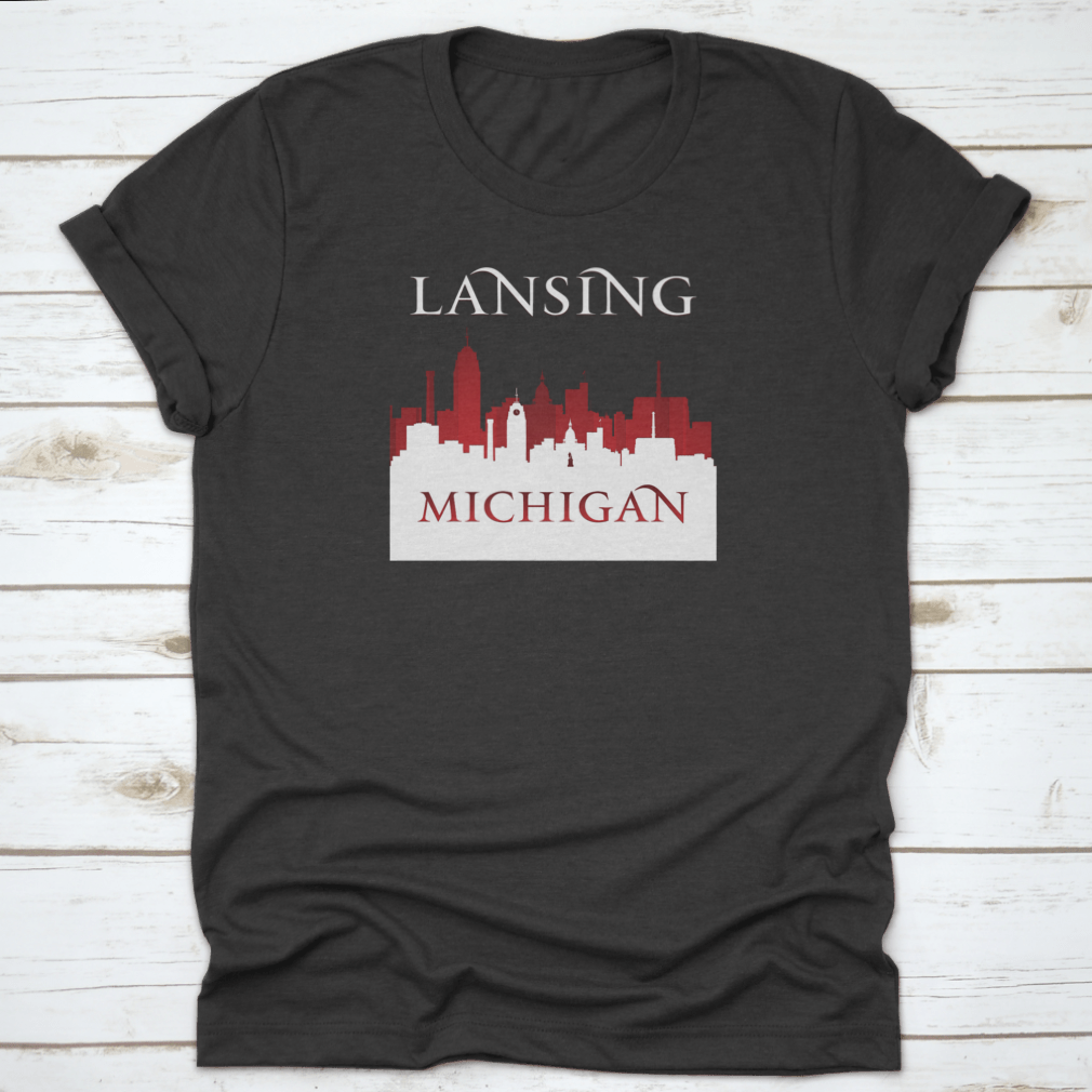 Lansing Michigan City Skyline silhouette vector illustration in white, showcasing iconic buildings and urban landscape.