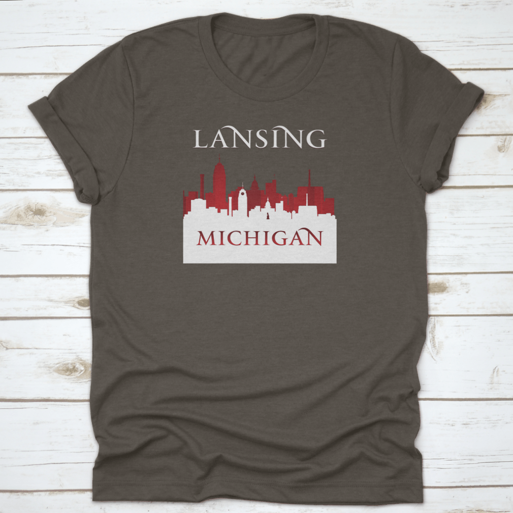 Lansing Michigan City Skyline silhouette vector illustration in white, showcasing iconic buildings and urban landscape.