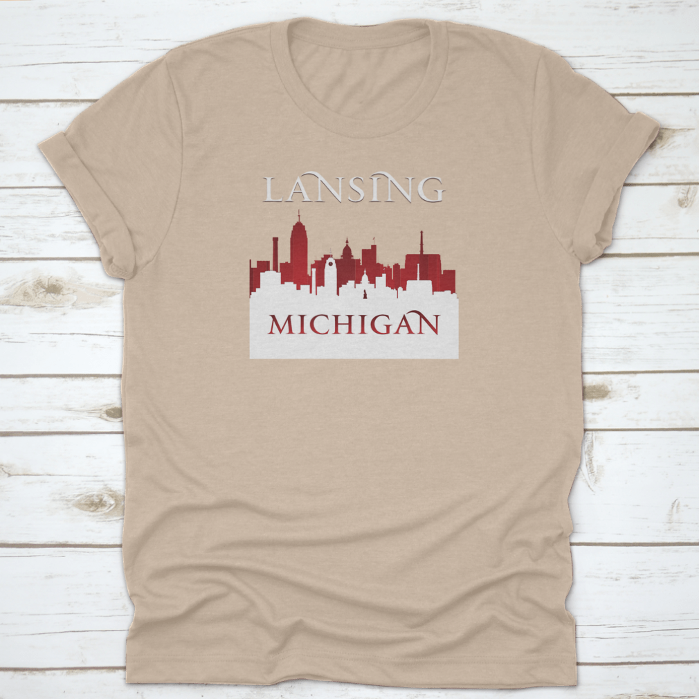 Lansing Michigan City Skyline silhouette vector illustration in white, showcasing iconic buildings and urban landscape.