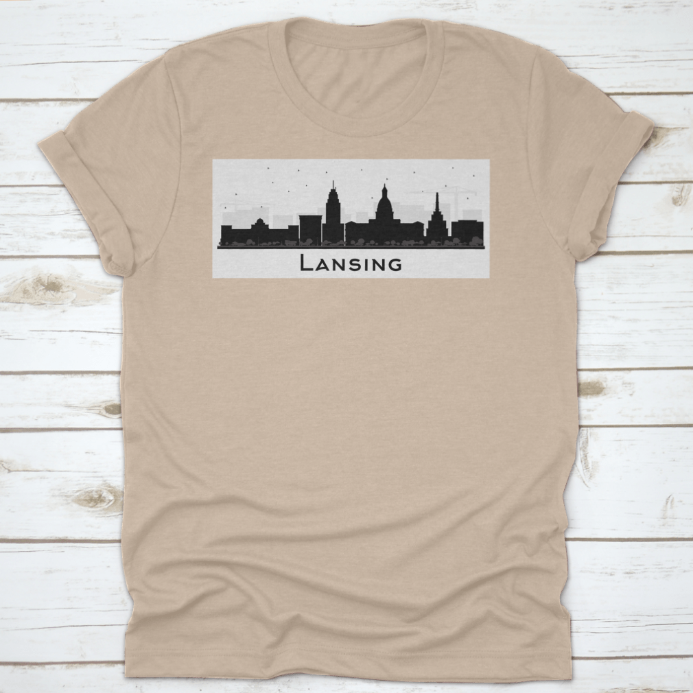Lansing Michigan City Skyline silhouette t-shirt featuring black buildings on a soft cotton fabric.
