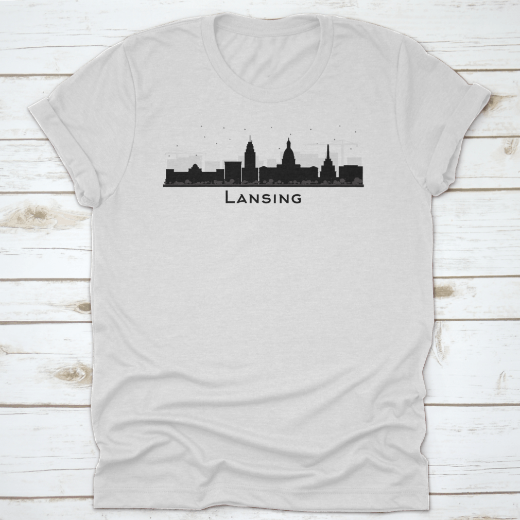 Lansing Michigan City Skyline silhouette t-shirt featuring black buildings on a soft cotton fabric.